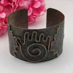 Vintage Mexico Cuff Bracelet Copper & Brass Hamsa Hand Statement 6" Adj.